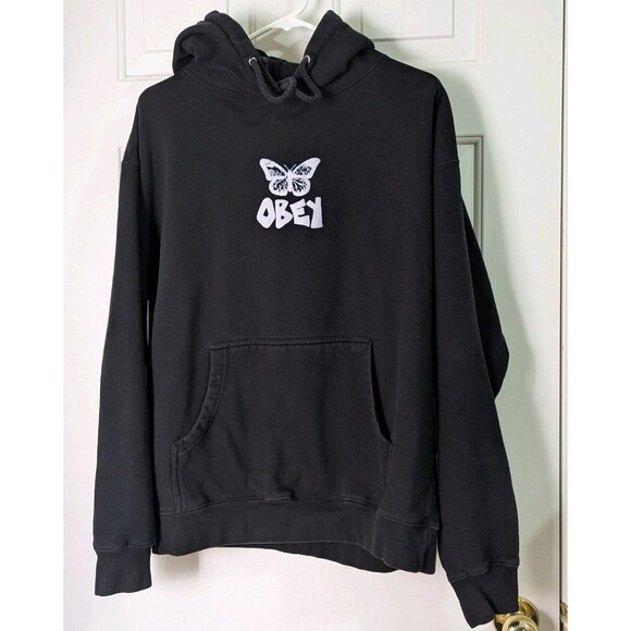 OBEY Hoodie Sweatshirt Adult Large Black Pullover Cotton Butterfly Metamorphosis - Picture 3 of 10